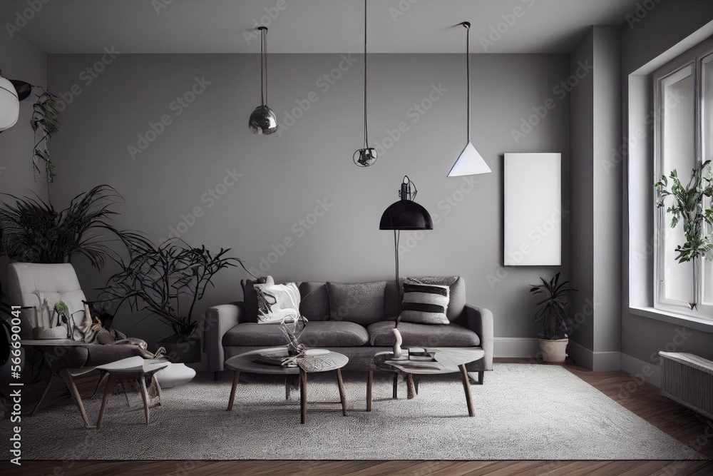 Fototapeta premium mock up poster frame in boho interior background, wooden living room design, Scandinavian style. Generative AI illustration