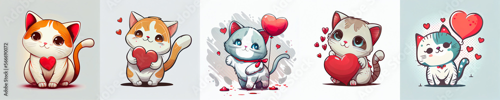 set of valentine day cartoon cute cat, mascot vector, white background. Generative AI set of valentine day cartoon cute cat, mascot vector, white background. Generative AI