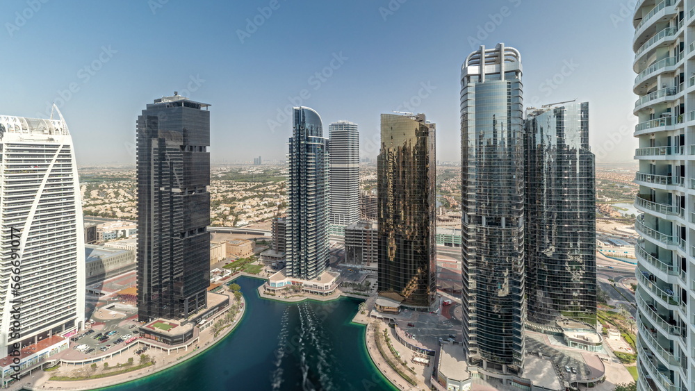 Fototapeta premium Panorama showing tall residential buildings at JLT aerial , part of the Dubai multi commodities centre mixed-use district.
