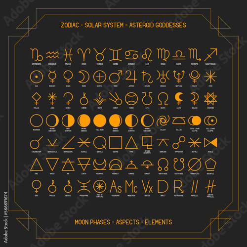 Zodiac, astrology elements, solar system, moon phases horoscope thin line label linear design esoteric stylized elements symbols signs. Vector illustration icons