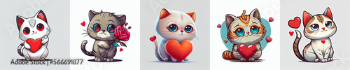 set of valentine day cartoon cute cat  mascot vector  white background. Generative AI