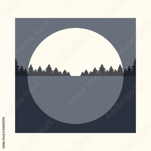 Wild landscape with forest and moon in night poster. Full moon and lake design.