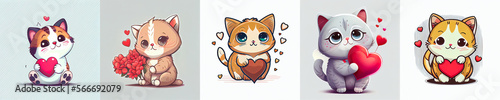 set of valentine day cartoon cute cat, mascot vector, white background. Generative AI