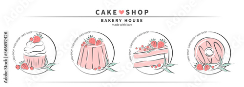 Cake shop logo. Collection of different dessert for pastry and bread shop, cooking, sweet products. Set of cakes, cupcakes and donuts. Vector illustration for banner, menu, advertising.