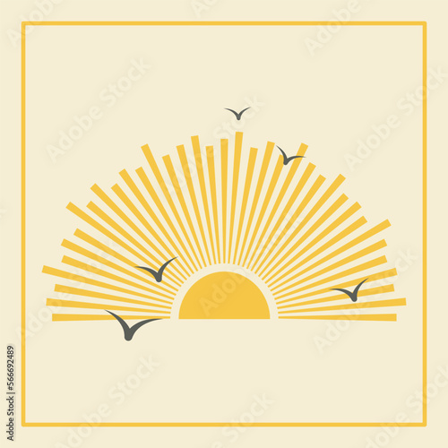 Sunrise and flying birds aesthetic square illustration poster. Bohemian style wall decor.