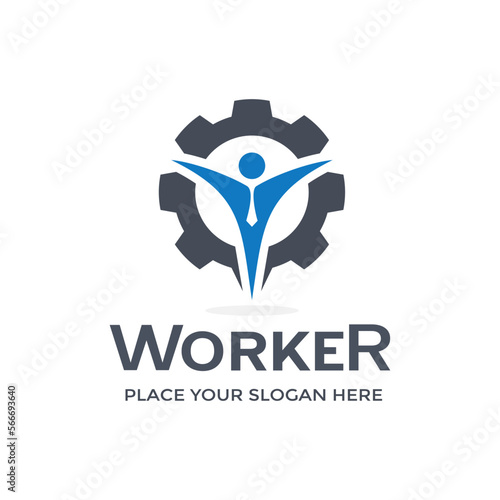 Worker vector logo template use gear and people symbol. Suitable for job business.