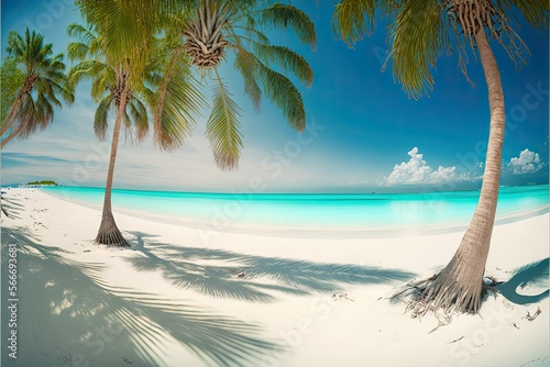 Panoramic view of a pristine white sand beach with tall palm trees and crystal clear turquoise water generative ai