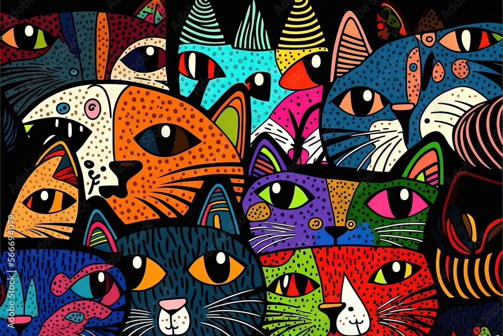  a painting of many cats with different colors and patterns on a black background with a black background and a black background with a white border.  generative ai
