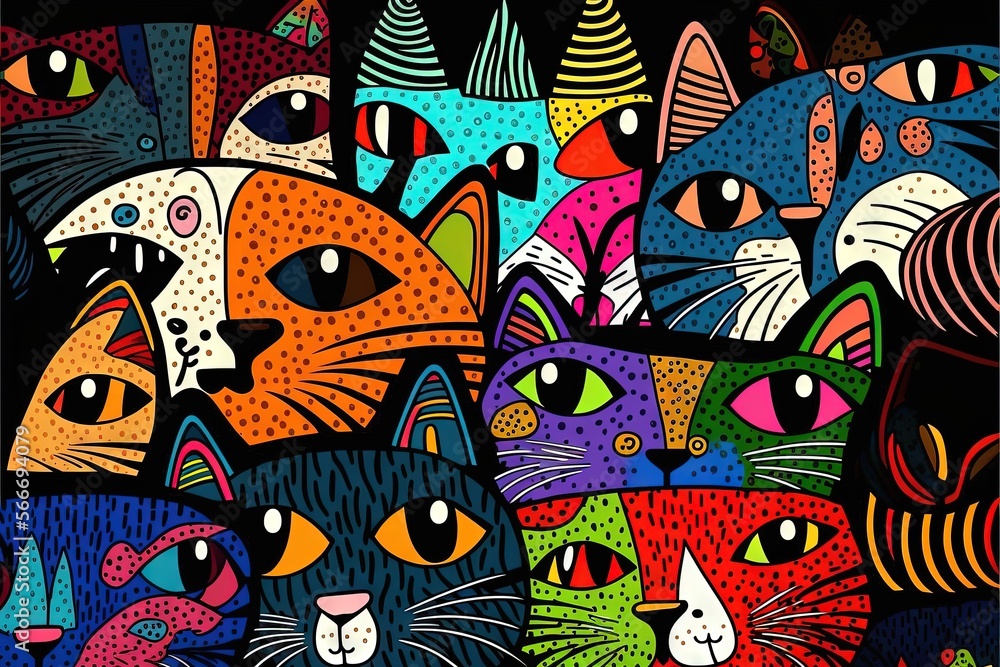 a painting of many cats with different colors and patterns on a black background with a black background and a black background with a white border. generative ai a painting of many cats with different colors and patterns on a black background with a black background and a black background with a white border. generative ai
