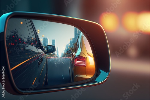  a rear view mirror reflecting a cityscape in the rear view mirror of a car on a city street at night time with lights. generative ai