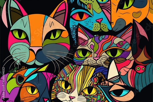  a group of cats with different colors on a black background with a black background and a black background with a black background and a black background with a white border. generative ai