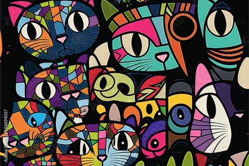  a painting of many different colored cats on a black background with the words happy birthday written below the cat's head in the center of the picture.  generative ai © Shanti
