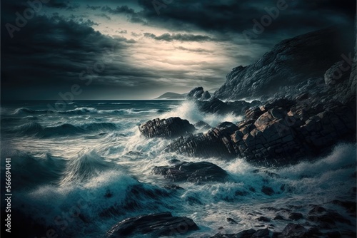 Serene seascape with a rocky coastline and rolling waves under a dramatic sky generative ai