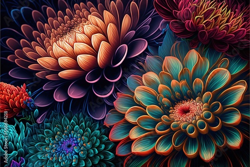  a bunch of flowers that are in the middle of a picture with a blue background and a red center on the center of the flower.  generative ai