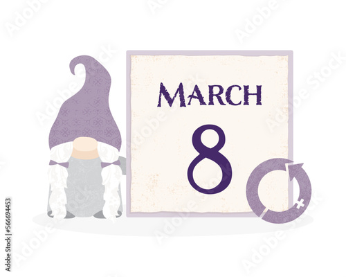 A gnome standing with a calendar date for International Women's Day, in a cut paper style with textures
