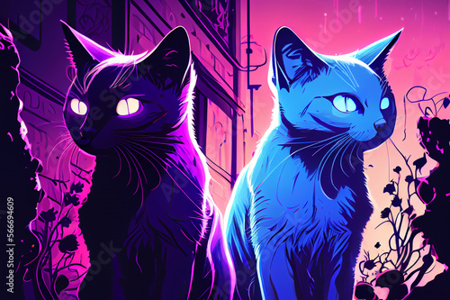 Cats in blue purple colors, generative ai in flat cartoon style