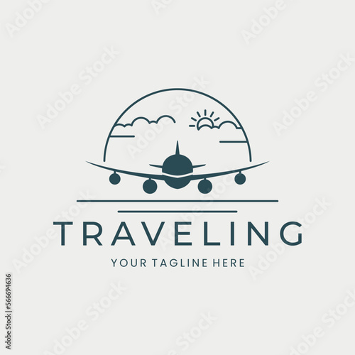 airplane with emblem vintage logo vector, cloud and sun template illustration design. travel icon concept