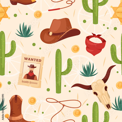 Wild West seamless pattern. Vector background of western Texas with hat, cactus, wanted poster, sheriff badge, cow skull, horseshoe. Collection for fabric, print, illustration, web design