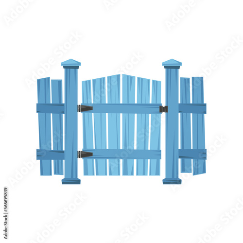 Old wooden fence gate vector illustration. Manor barrier with closed blue door isolated on white background. Entrance, city concept