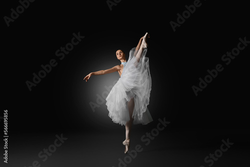 Slika na platnu Young ballerina practicing dance moves on black background