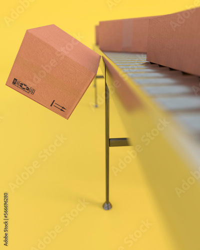 Fotografie Conceptual box falling from a conveyor and going missing 3d render