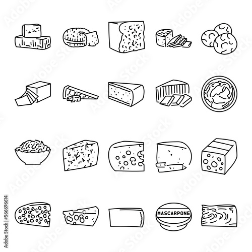 Types of cheeses black line icons set. Dairy products.