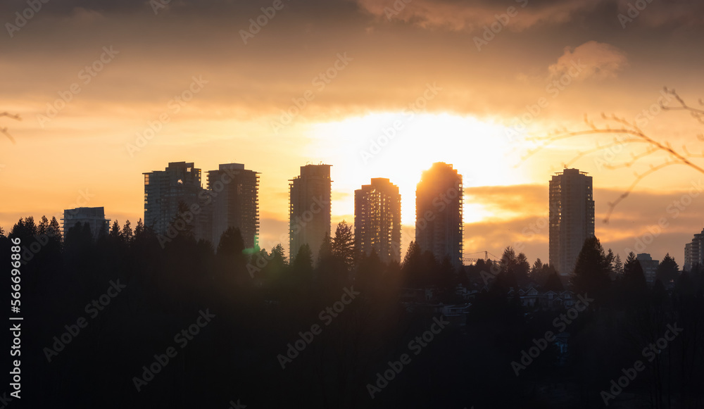 Residential apartments highrises in Metrotown Area. Taken in Deer Lake, Burnaby, Vancouver, BC, Canada. Sunset