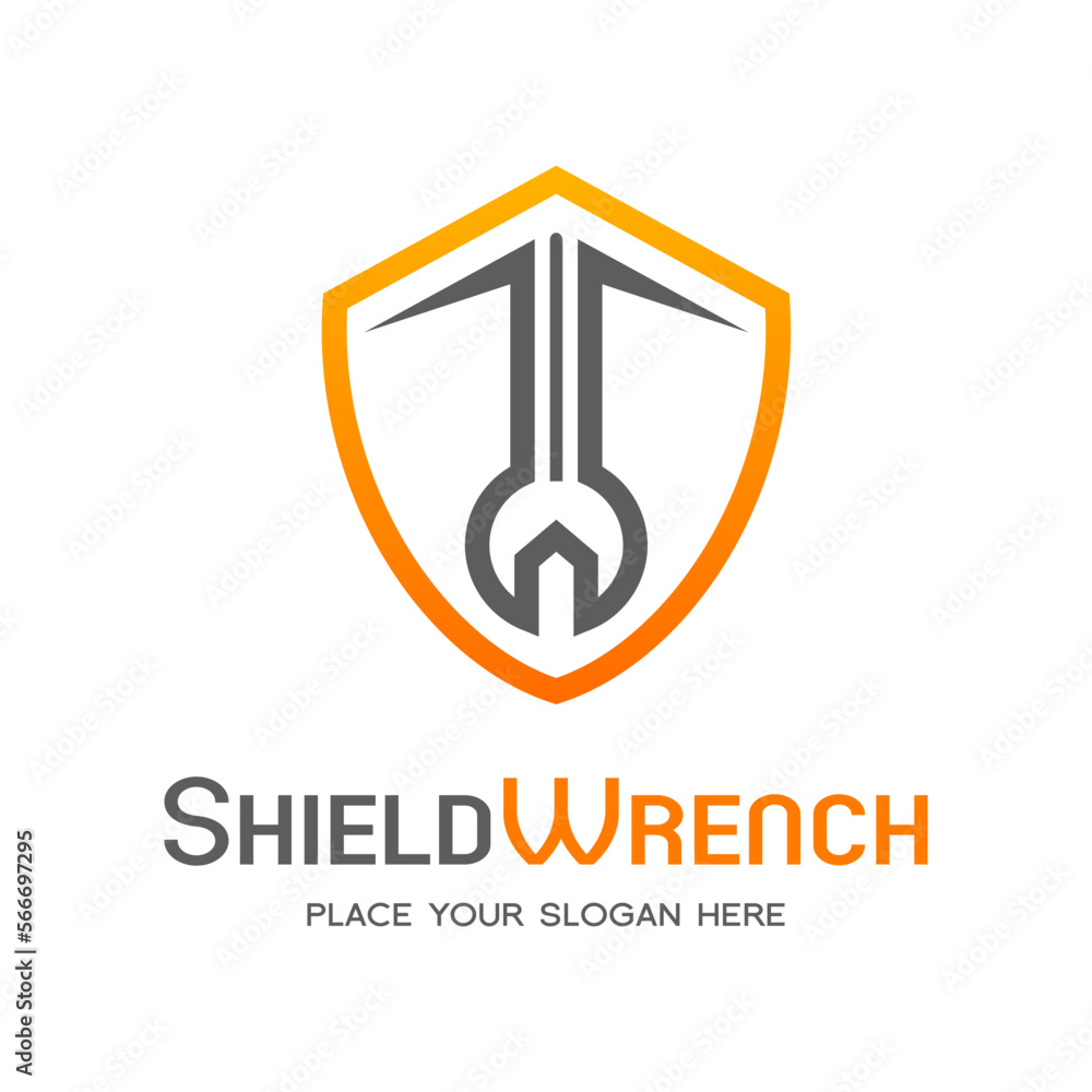 Shield with wrench vector logo template with orange and black color. Shield with wrench vector logo template with orange and black color.