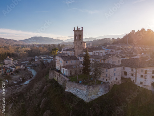 Italy, January 2023: aerial view of the medieval village of Pergola after the flood of September 2022. The village is located in the Marche region in the province of Pesaro and Urbino photo