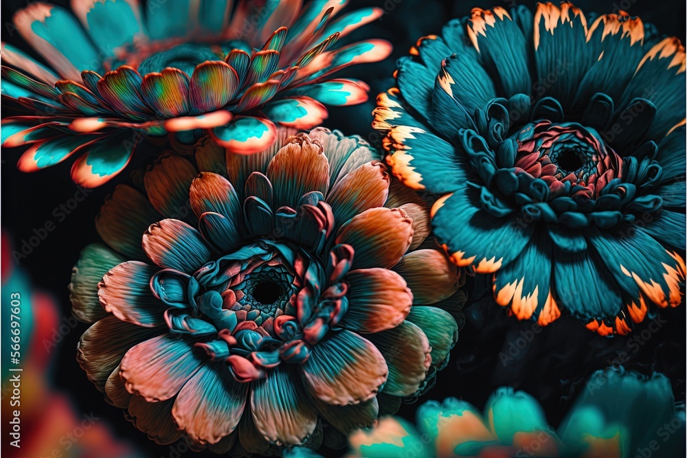 a close up of a bunch of flowers with many colors on them and one flower has a large center flower in the middle of the middle. generative ai a close up of a bunch of flowers with many colors on them and one flower has a large center flower in the middle of the middle. generative ai
