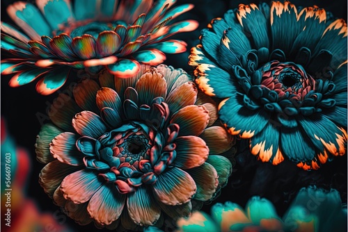  a close up of a bunch of flowers with many colors on them and one flower has a large center flower in the middle of the middle.  generative ai