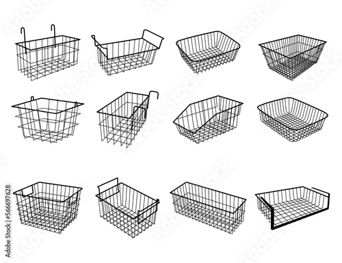 Basket metallic collection on white background. Set of metallic basket