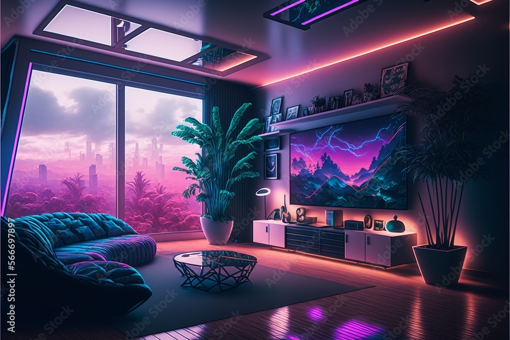 Futuristic cyberpunk style living room with a big screen tv, potted ...