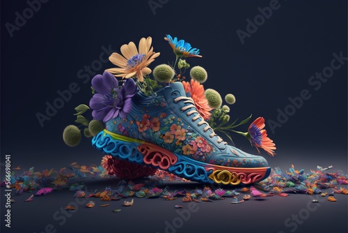  a blue shoe with colorful flowers and butterflies on it's soles, surrounded by confetti and confetti flakes.  generative ai © Shanti
