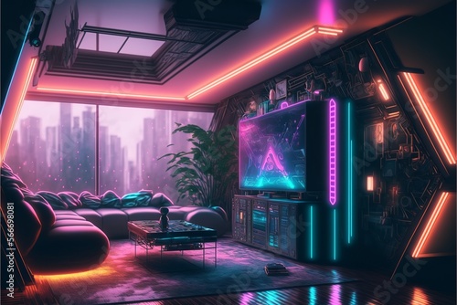 Futuristic cyberpunk style living room with a big screen tv, potted plants, cozy sofa and coffe table illuminated with different color neon lights