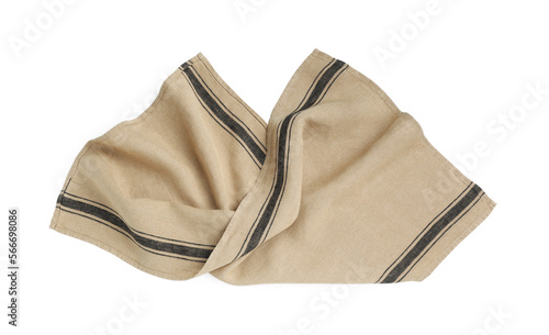 Beige cloth napkin with stripes isolated on white, top view