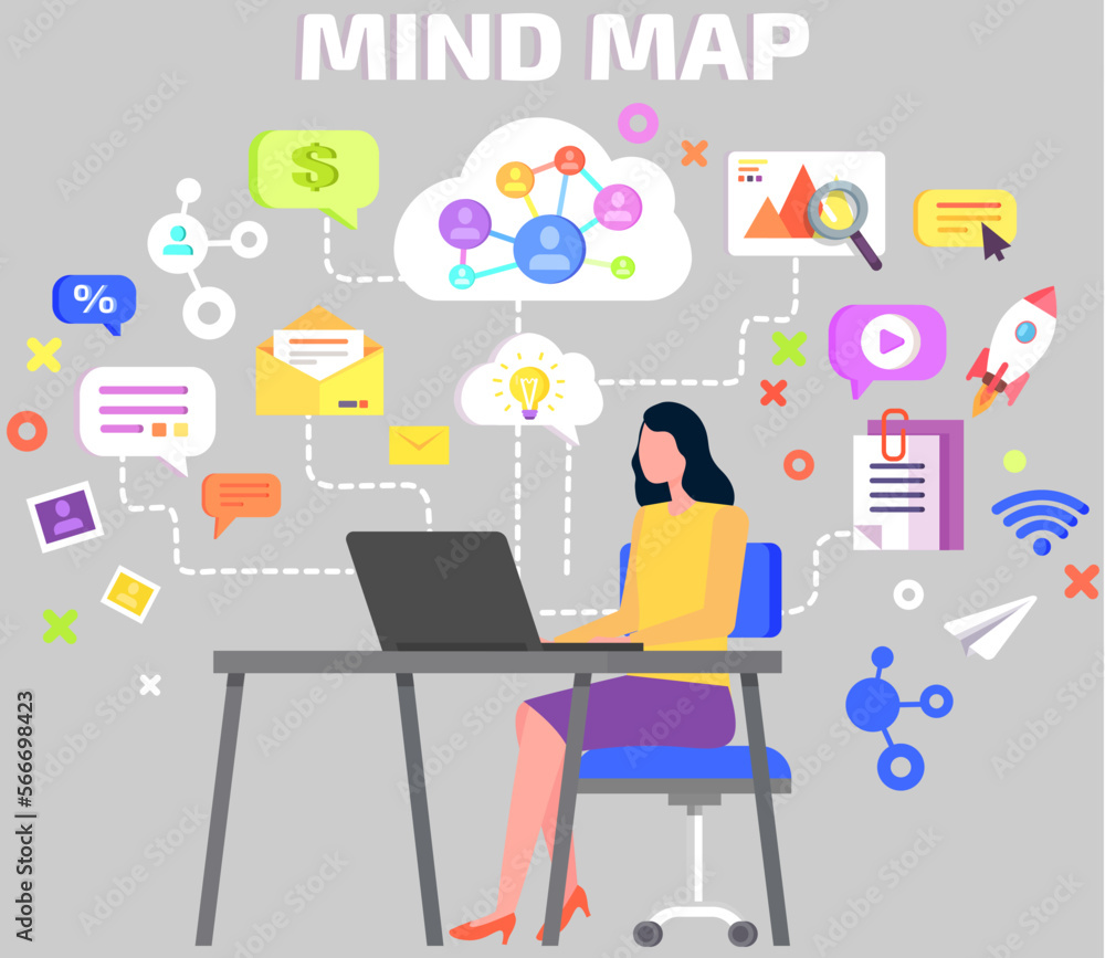 Modern technology, social media, communication in global computer networks. Mind map concept. Storage, protection and reproduction of information, woman works at laptop with business infographics