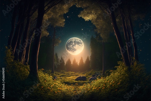 forest with large moonrise garden. Generative Ai photo