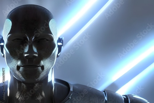 black male humanoid, sci-fi, looking forward, artificial intelligence, background with contrasting lights. Generative Ai	
