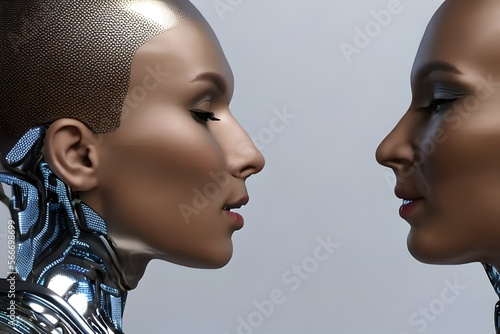 two female futuristic robot figures, facing each other, profile view, artificial intelligence, planning a kiss, light gray background. Generative Ai 