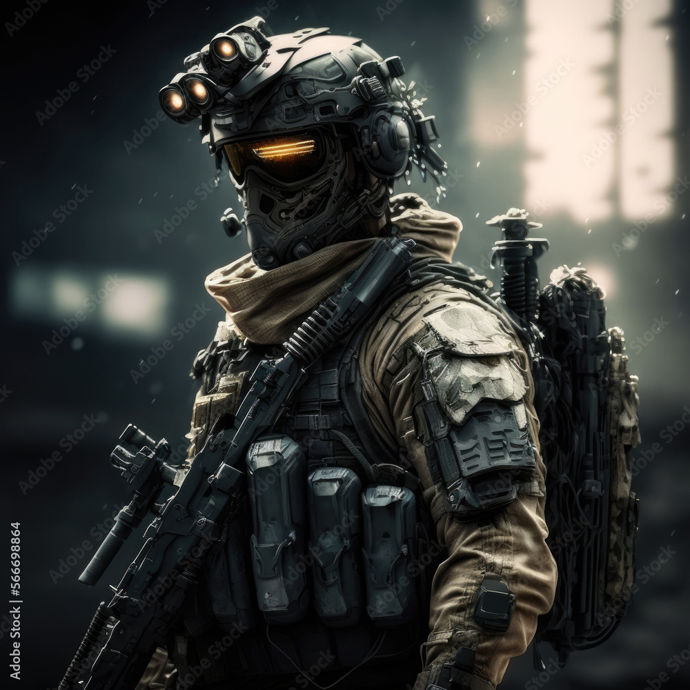 Naklejka premium ai generated equipped and armed special forces soldiers standing.