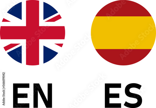Round Flag Selection Button Badge Icon Set with UK and Spain Flags with Language Codes EN and ES for English and Spanish. Vector Image.