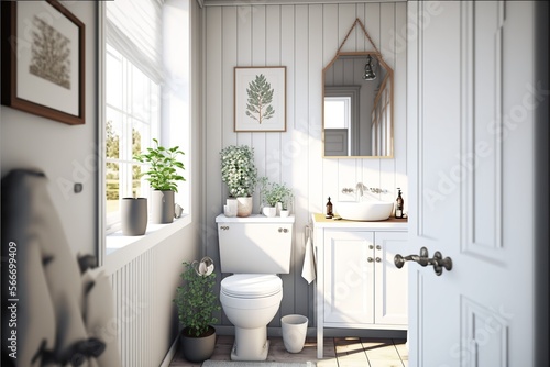 Sunny scandinavian interior restroom with a window and with toilet and washbasin