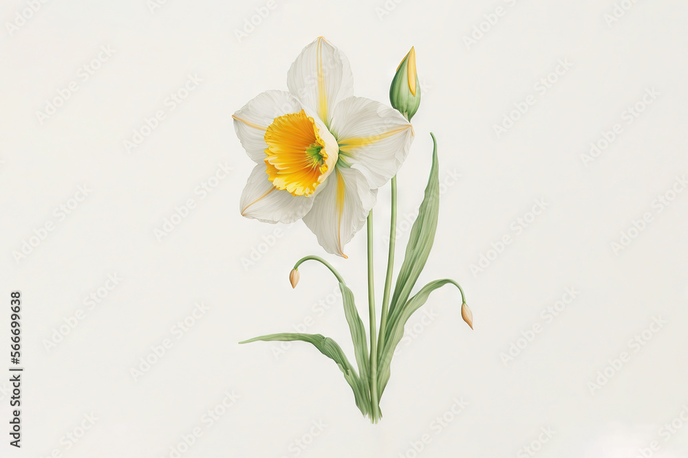  a painting of a white and yellow flower on a white background with green stems and yellow center flower in the center of the picture is a yellow center of the flower.  generative ai