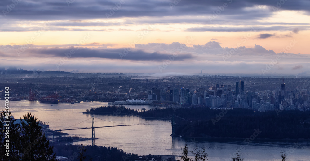 Urban Downtown City and Stanley Park in Vancouver, British Columbia, Canada. Winter Sunrise.