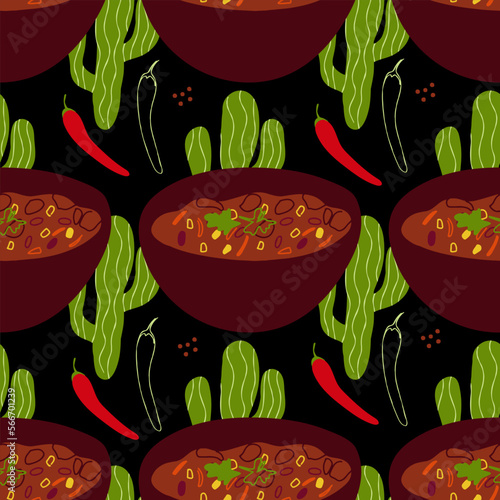 Seamless pattern with illustration of Mexican cuisine Chili Con Carne on a black background with cactus and chili