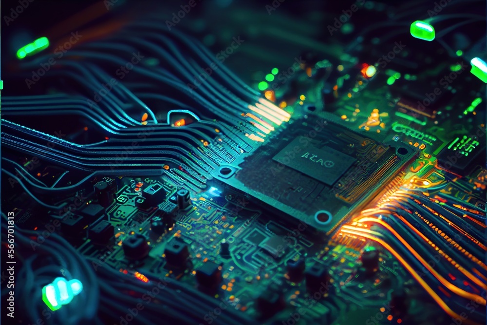 A Close Up Of A Computer Motherboard With Many Wires And Lights On It