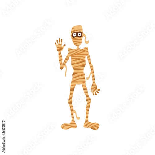 Funny spooky mummy waving hand vector illustration. Cartoon drawing of Halloween character isolated on white background. Halloween, fantasy concept