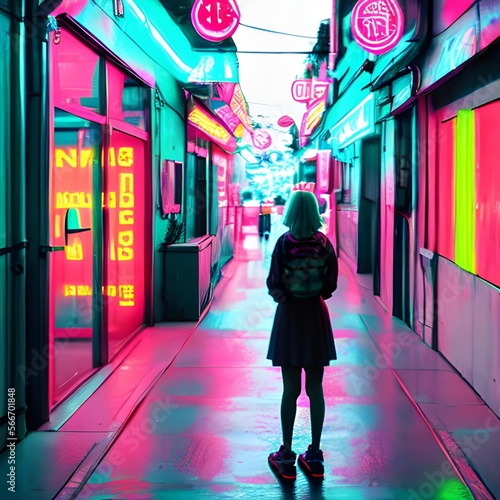 Una chica de espaldas, mirando a una calle de tonos neón en una calle asiática © patypixie