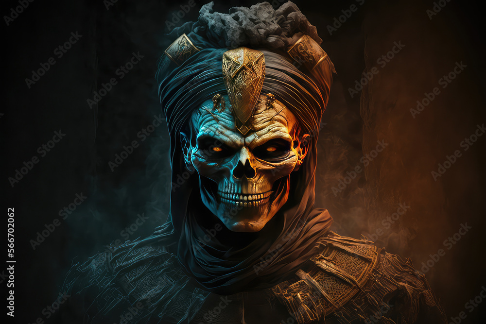 Ancient spooky mummy portrait with horror skull and spooky costume, 3D illustration. (ai generated) Ancient spooky mummy portrait with horror skull and spooky costume, 3D illustration. (ai generated)